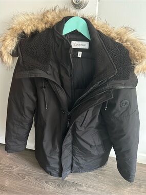 Calvin Klein Black Puffer Parka with Faux Fur Hood
